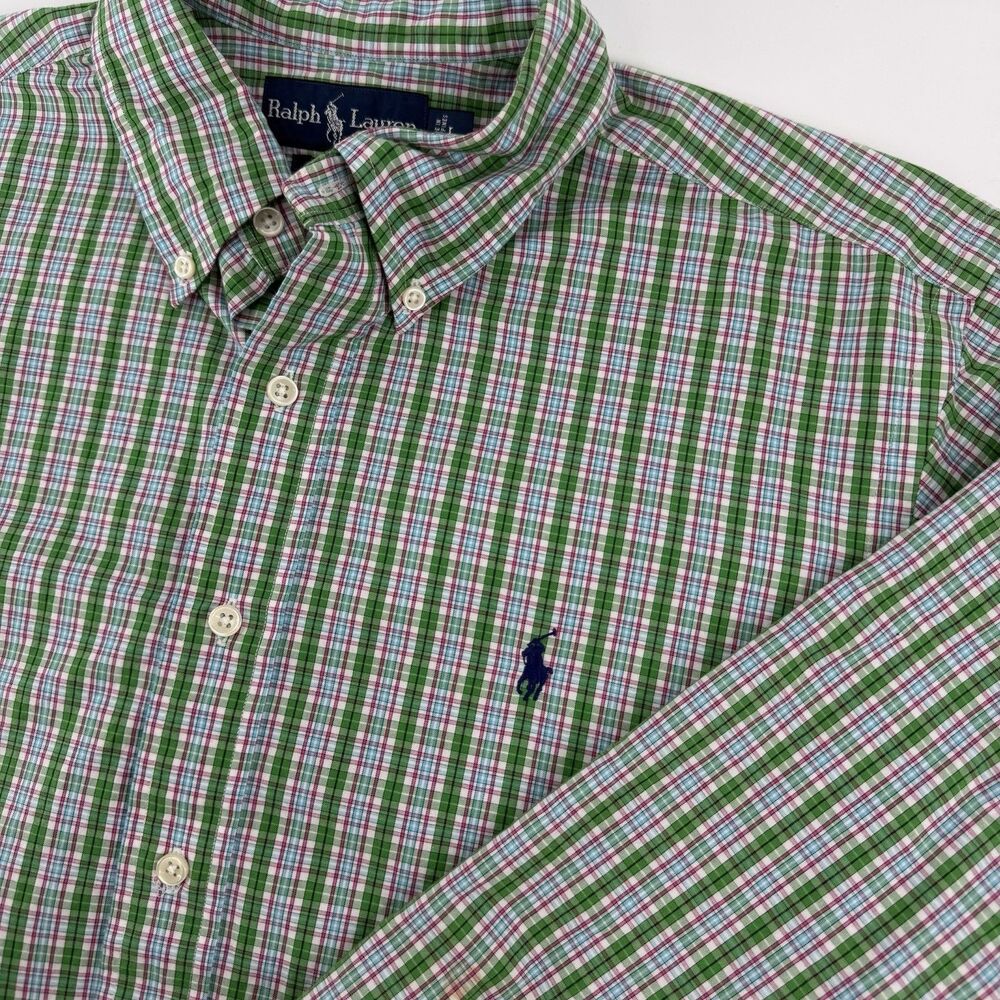 Ralph Lauren Long Sleeve Button Down Shirt Men Large Classic Fit Green Plaid